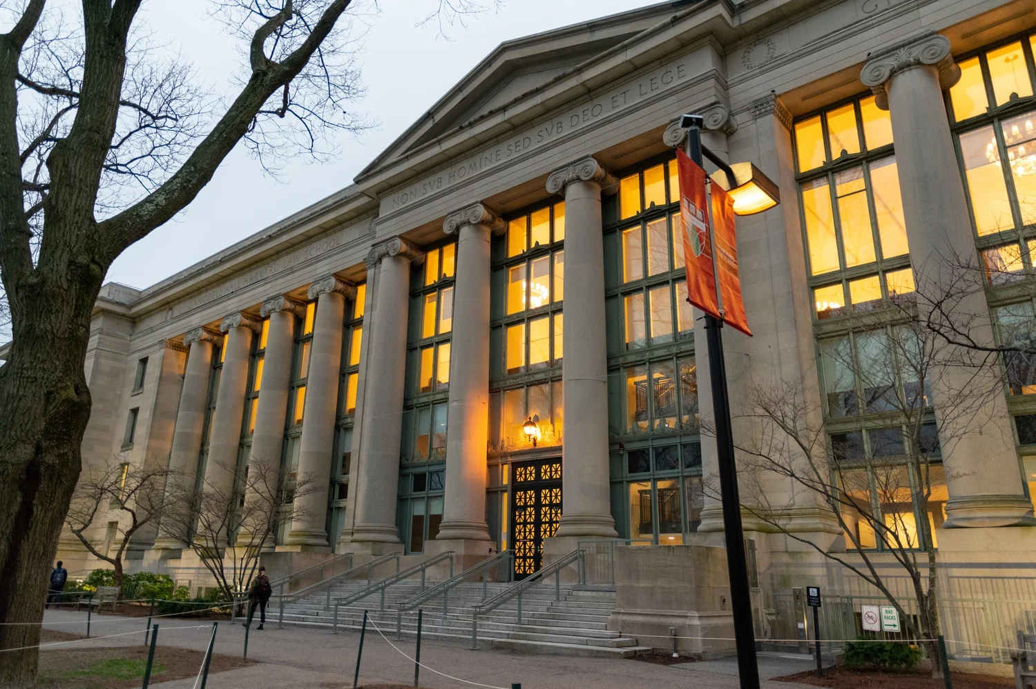Harvard Law School — Langdell Hall facade at dusk
